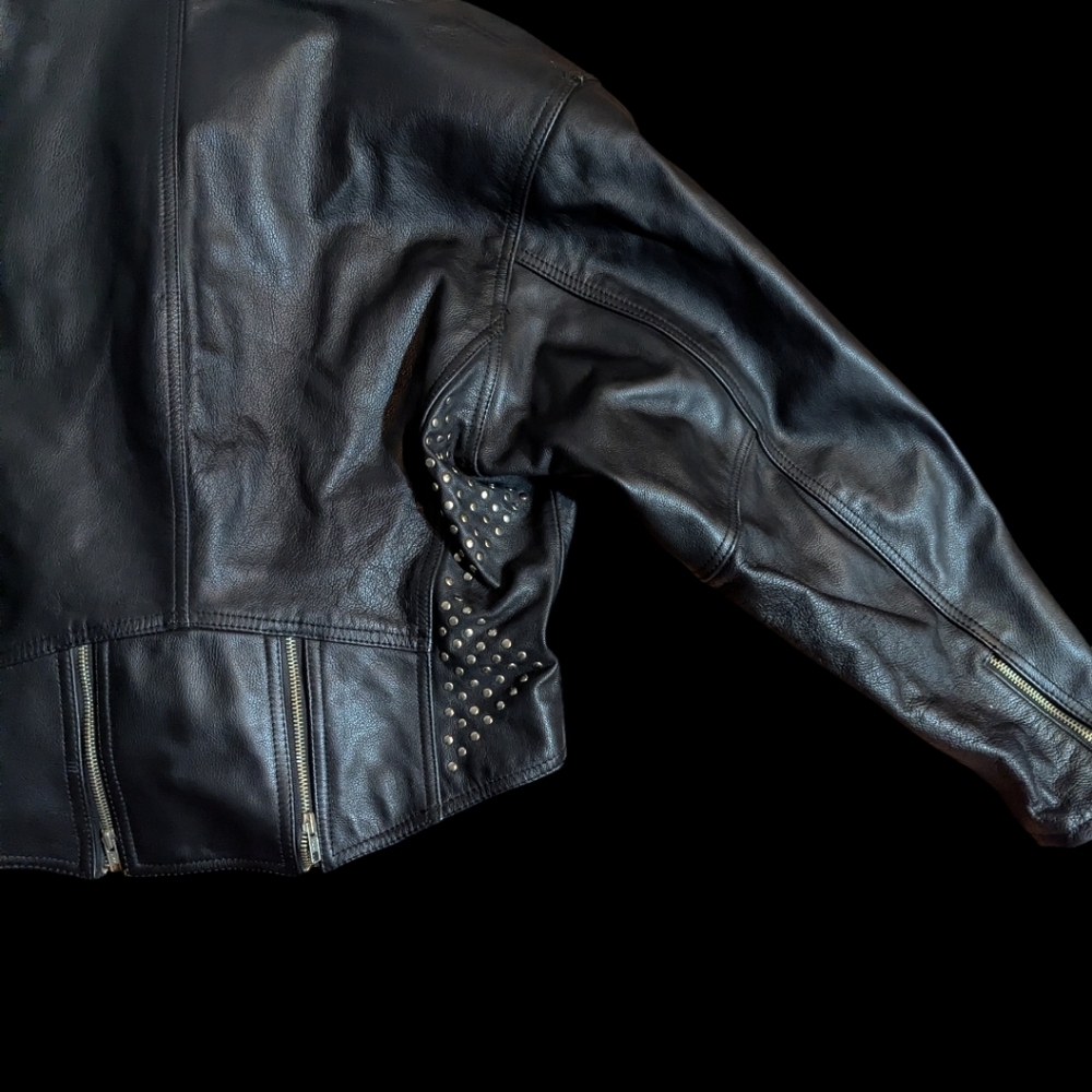 Vtg Harley Davidson Black Leather Jacket Studded Detailing Zippers Moto Sz L - Picture 6 of 14